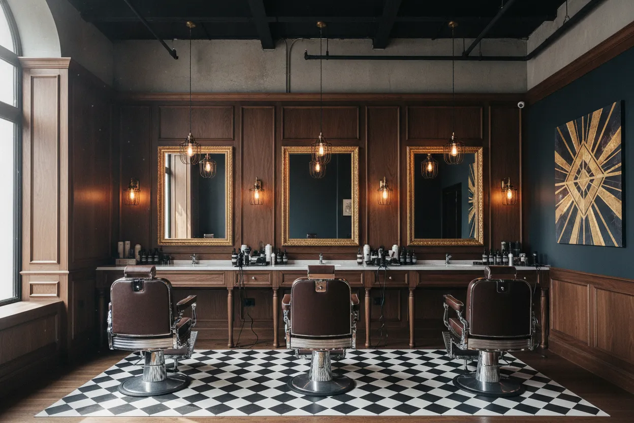 Premium barbershop interior with leather chairs